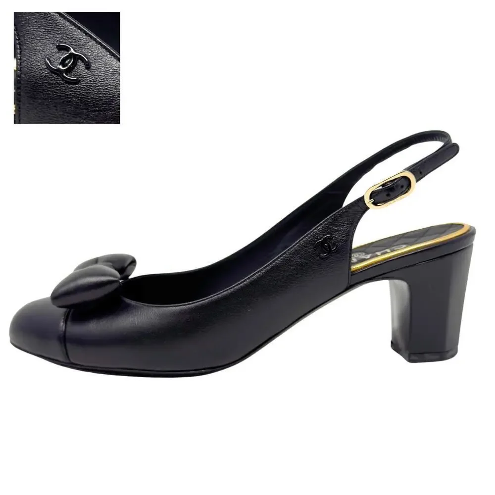 Chanel CC Logo Bow Black Gold Slingback Quilted Mary Jane Block Heels Loafers 38